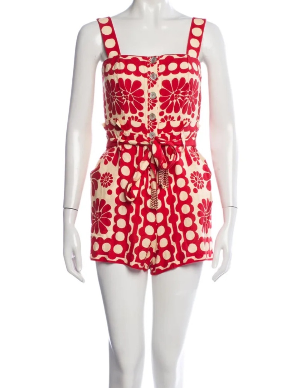 FARM Rio Red and Gold Floral Polka-Dot Romper with Tie Waist